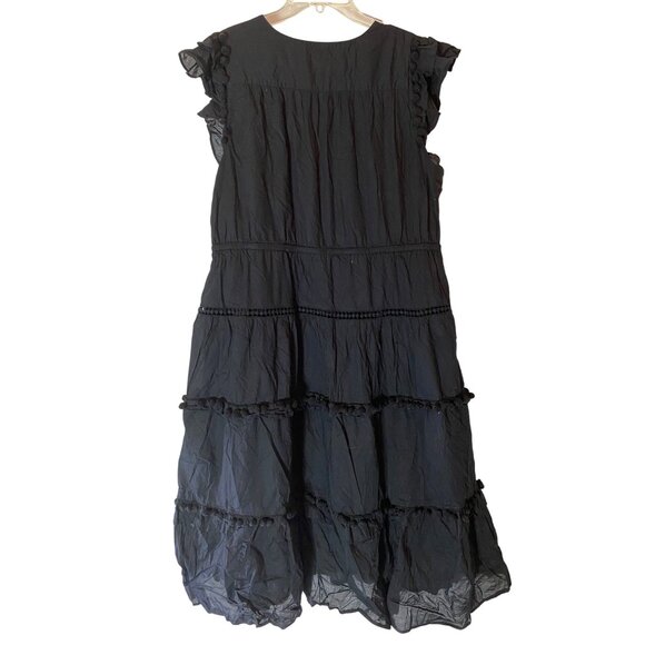 J.Crew Black Midi Dress Tiered Ruffles Pom-Pom Detail Cotton Size 18 - Picture 2 of 11